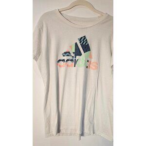 Lot (2) Women's Graphic SS Shirts-Adidas Logo + sloth Hiking Sizes LG White/Blue